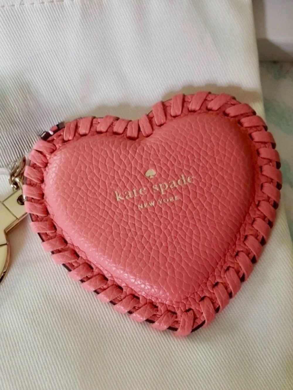 Kate Spade Pink Pebbled Leather Whipstitch Heart Keyring bag-charm like new